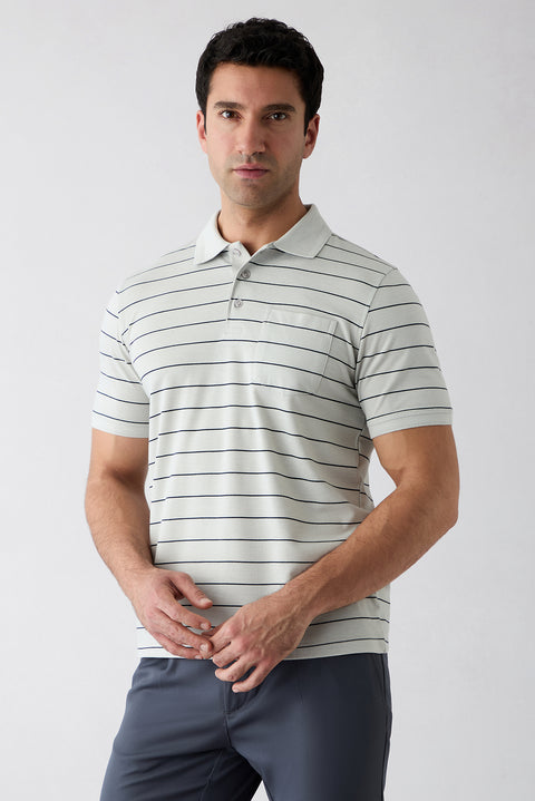 Açık Gri Regular Fit Çizgili Cepli Düğmeli Polo Yaka Tişört