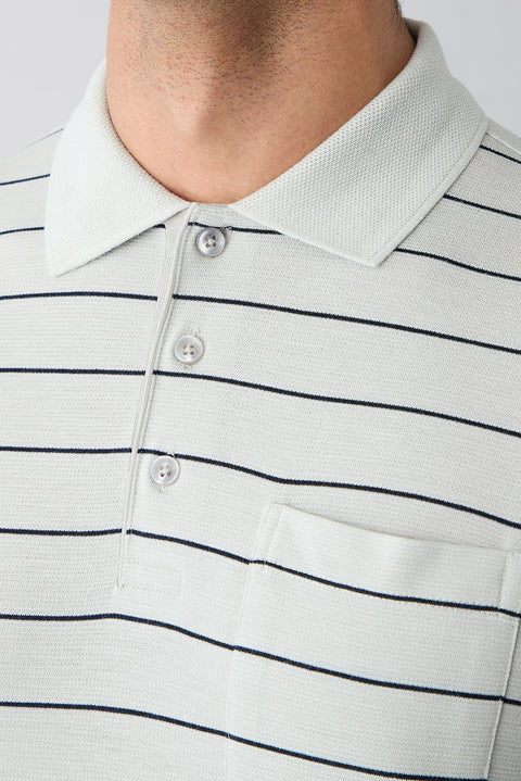 Açık Gri Regular Fit Çizgili Cepli Düğmeli Polo Yaka Tişört