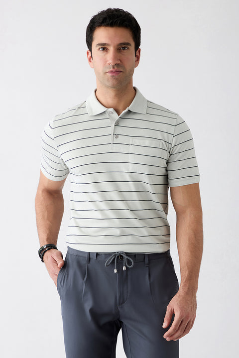 Açık Gri Regular Fit Çizgili Cepli Düğmeli Polo Yaka Tişört