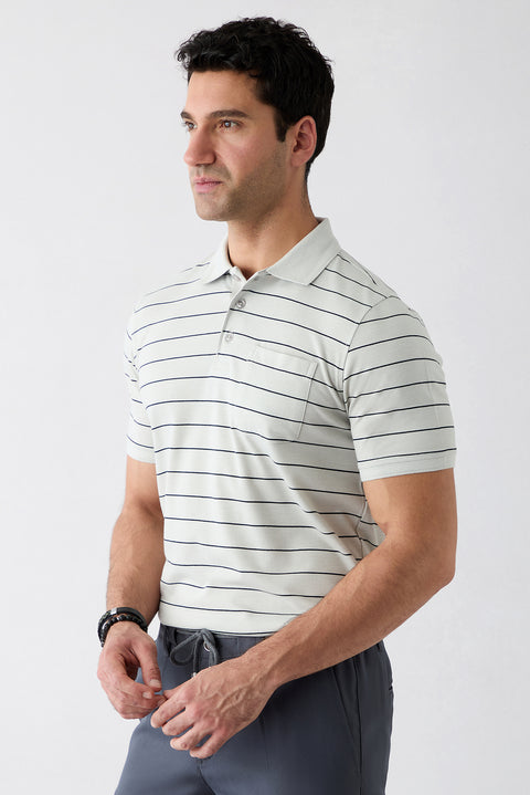 Açık Gri Regular Fit Çizgili Cepli Düğmeli Polo Yaka Tişört