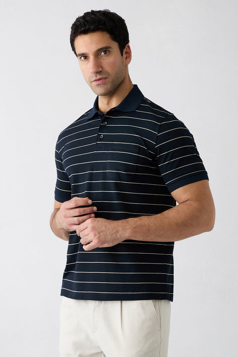 Orta Lacivert Regular Fit Çizgili Cepli Düğmeli Polo Yaka Tişört
