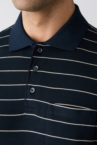  Orta Lacivert Regular Fit Çizgili Cepli Düğmeli Polo Yaka Tişört