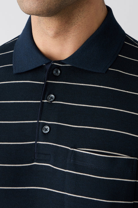 Orta Lacivert Regular Fit Çizgili Cepli Düğmeli Polo Yaka Tişört