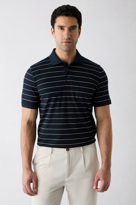 Orta Lacivert Regular Fit Çizgili Cepli Düğmeli Polo Yaka Tişört