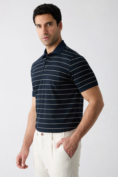 Orta Lacivert Regular Fit Çizgili Cepli Düğmeli Polo Yaka Tişört