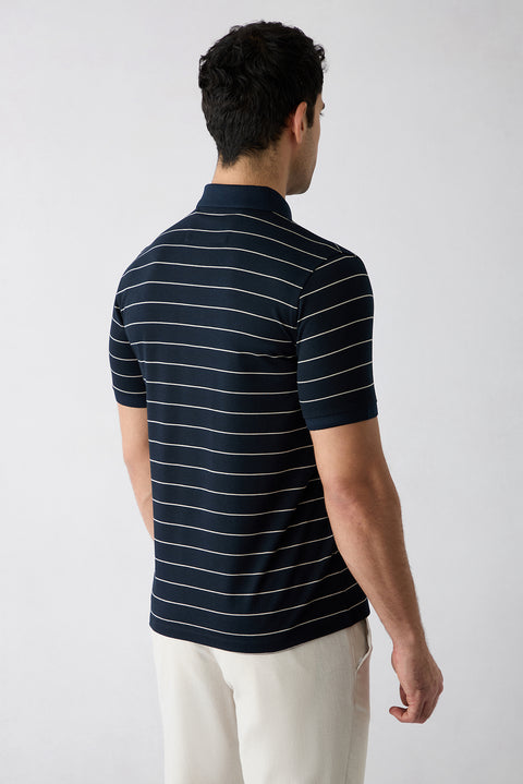 Orta Lacivert Regular Fit Çizgili Cepli Düğmeli Polo Yaka Tişört