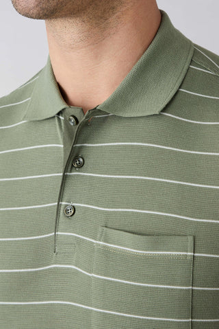  Çağla Yeşili Regular Fit Çizgili Cepli Düğmeli Polo Yaka Tişört
