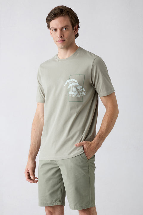 Medium Beige Crew Neck Regular Fit Cotton T-shirt