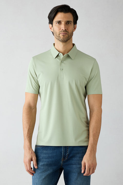 Moss Green Regular Fit Polo Collar Knitted Silk Blend T-shirt