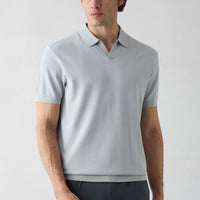 Açık Gri Düğmesiz Polo Yaka Regular Fit Desenli Örme Tişört