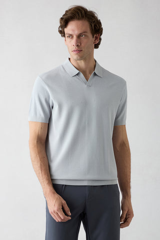  Açık Gri Düğmesiz Polo Yaka Regular Fit Desenli Örme Tişört