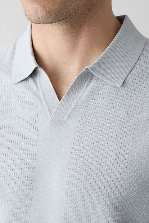 Açık Gri Düğmesiz Polo Yaka Regular Fit Desenli Örme Tişört
