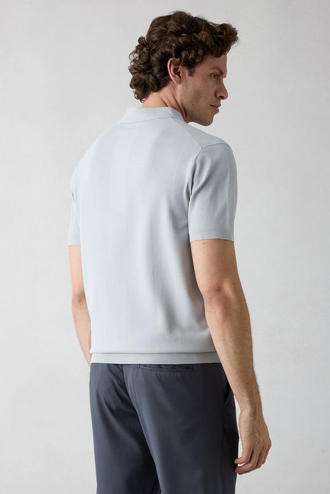 Açık Gri Düğmesiz Polo Yaka Regular Fit Desenli Örme Tişört