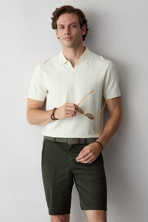 Ekru Düğmesiz Polo Yaka Regular Fit Desenli Örme Tişört