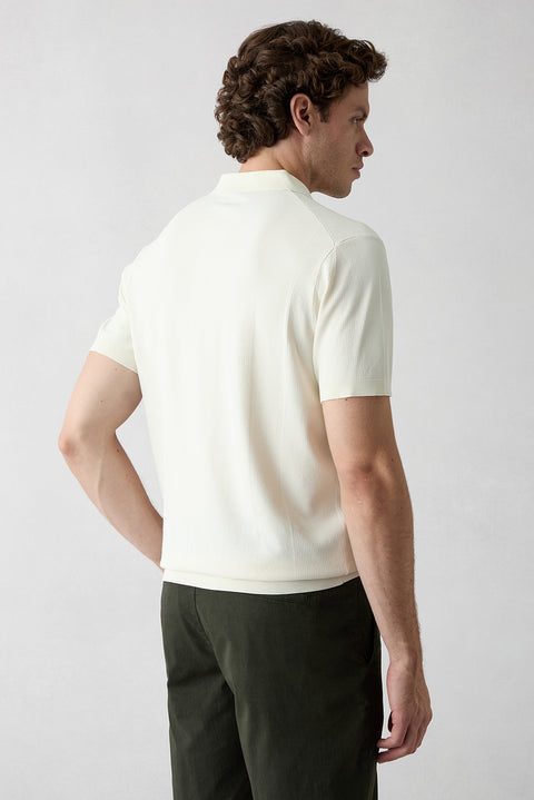 Ekru Düğmesiz Polo Yaka Regular Fit Desenli Örme Tişört