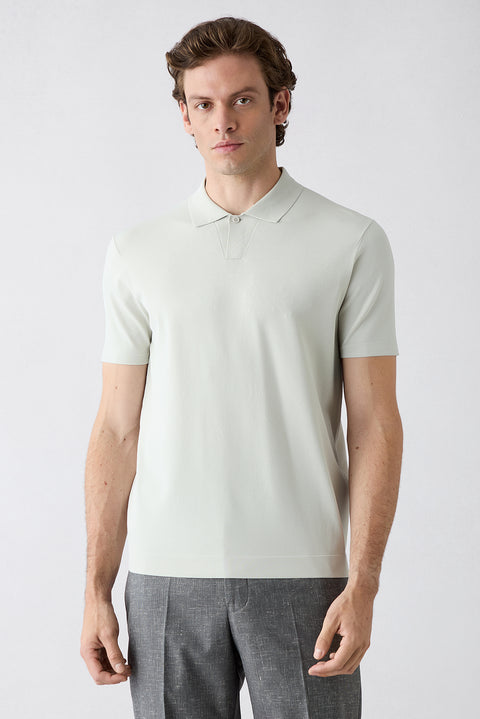 Mid-Grey Regular Fit Buttoned Polo Neck Knitted T-Shirt