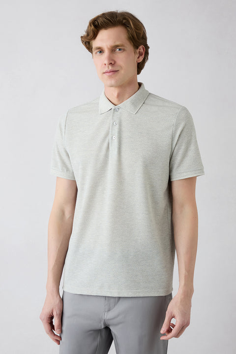 Light Gray Mélange Regular Fit Linen Blend Patterned Button-Down Polo Shirt