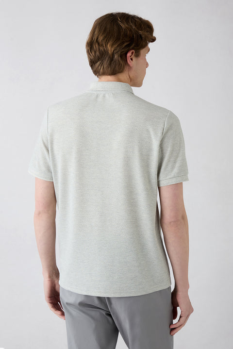 Light Gray Mélange Regular Fit Linen Blend Patterned Button-Down Polo Shirt