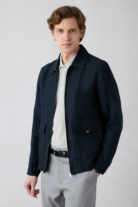 Light Gray Mélange Regular Fit Linen Blend Patterned Button-Down Polo Shirt