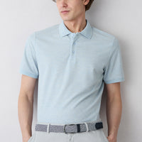 Light Blue Melange Regular Fit Linen Blend Patterned Button-Up Polo Shirt
