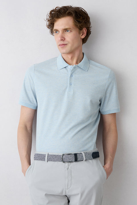 Light Blue Melange Regular Fit Linen Blend Patterned Button-Up Polo Shirt