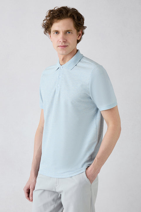 Light Blue Melange Regular Fit Linen Blend Patterned Button-Up Polo Shirt