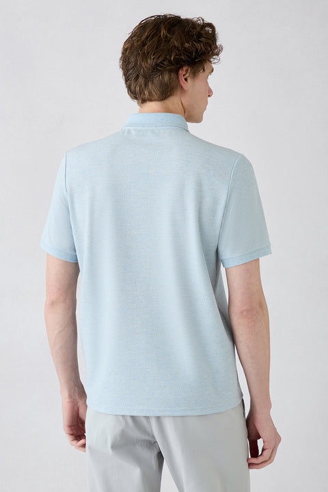 Light Blue Melange Regular Fit Linen Blend Patterned Button-Up Polo Shirt
