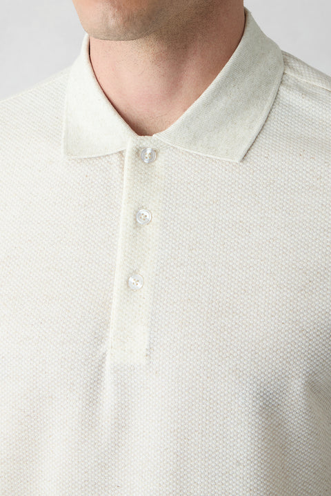 Open Beige Mélange Regular Fit Linen Blend Patterned Buttoned Polo Neck T-Shirt