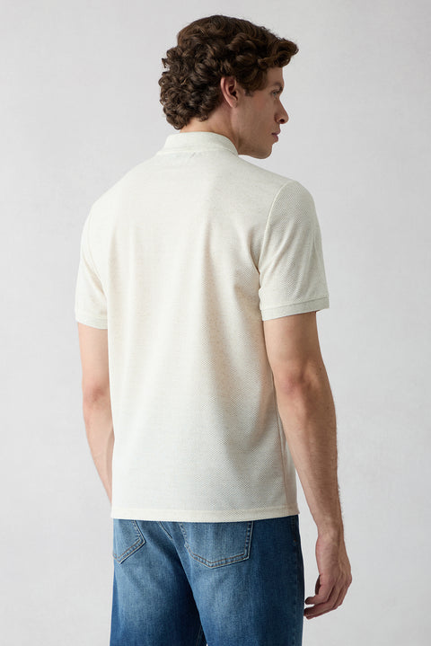 Open Beige Mélange Regular Fit Linen Blend Patterned Buttoned Polo Neck T-Shirt