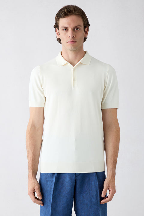 Kırık Beyaz Regular Fit Düğmeli Polo Yaka Örme Tişört