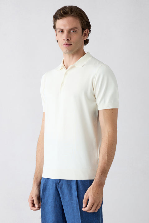 Kırık Beyaz Regular Fit Düğmeli Polo Yaka Örme Tişört
