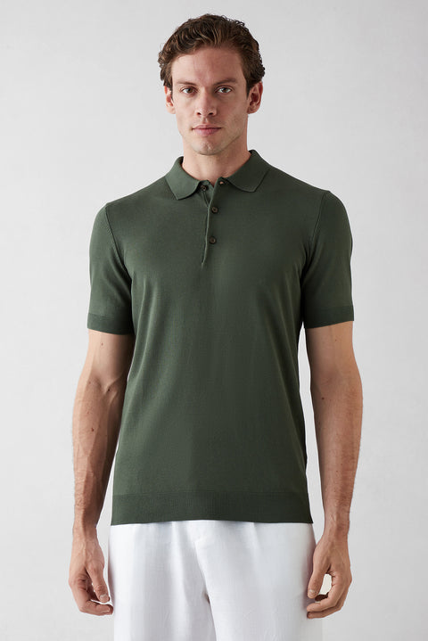 Orta Haki Regular Fit Düğmeli Polo Yaka Örme Tişört