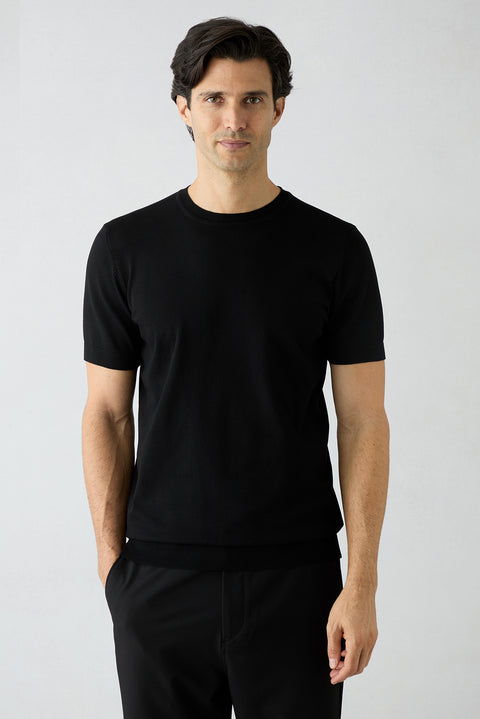 Siyah Regular Fit Bisiklet Yaka Örme Tişört