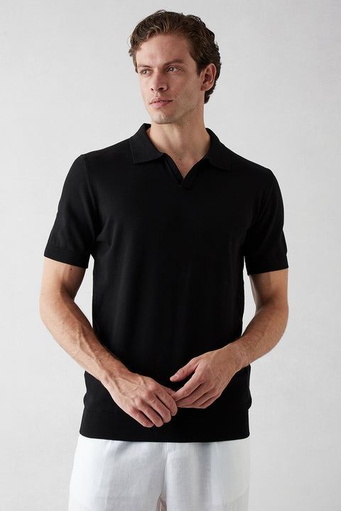 Siyah Düğmesiz Polo Yaka Regular Fit Örme Tişört