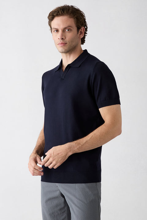 Koyu Lacivert Düğmesiz Polo Yaka Regular Fit Örme Tişört