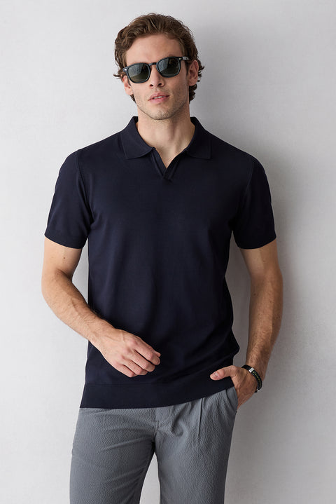 Koyu Lacivert Düğmesiz Polo Yaka Regular Fit Örme Tişört