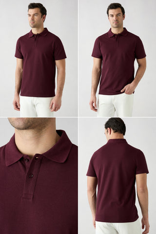  Gri - Bordo Düğmeli Polo Yaka Regular Fit Pamuklu Düz 2'li Paket Tişört Seti