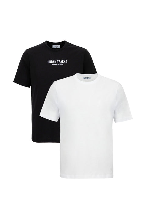 Black and White Crew Neck Regular Fit 100% Cotton Printed - Plain 2-Pack T-Shirt Set