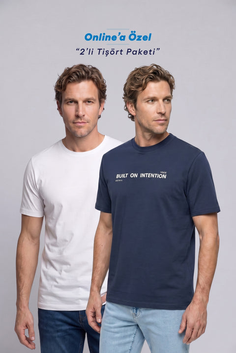 Navy Blue-White Crew Neck Regular Fit 100% Cotton Printed - Plain 2-Pack T-Shirt Set