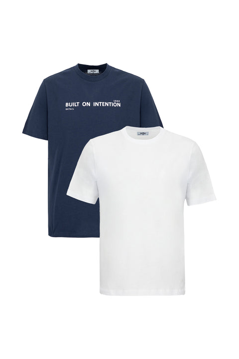 Navy Blue-White Crew Neck Regular Fit 100% Cotton Printed - Plain 2-Pack T-Shirt Set