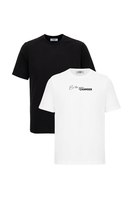 White-Black Crew Neck Regular Fit 100% Cotton Printed - Plain 2-Pack T-Shirt Set