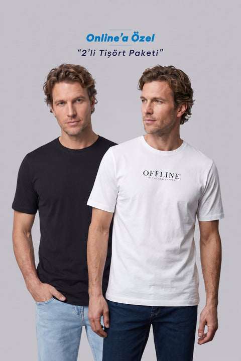 Off-White-Black Crew Neck Regular Fit 100% Cotton Printed - Plain 2-Pack T-Shirt Set