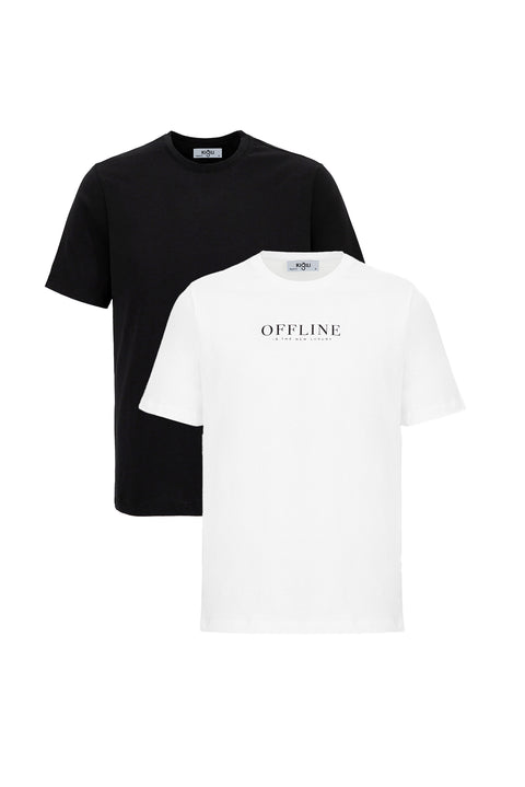 Off-White-Black Crew Neck Regular Fit 100% Cotton Printed - Plain 2-Pack T-Shirt Set