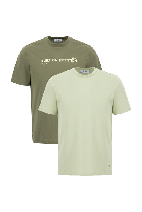 Medium Khaki-Forest Green Crew Neck Regular Fit 100% Cotton Printed - Plain 2-Pack T-Shirt Set