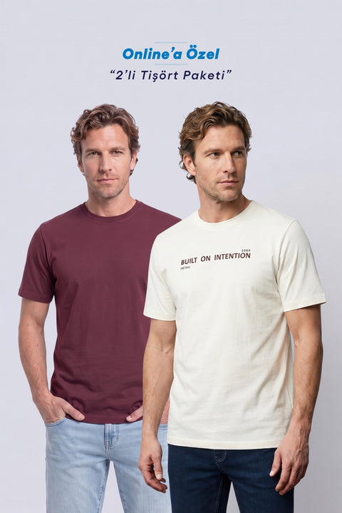 Stone-Dark Burgundy Crew Neck Regular Fit 100% Cotton Printed - Plain 2-Pack T-Shirt Set