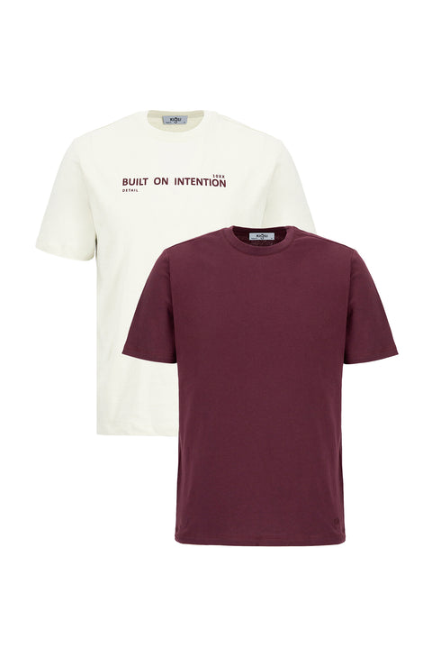 Stone-Dark Burgundy Crew Neck Regular Fit 100% Cotton Printed - Plain 2-Pack T-Shirt Set