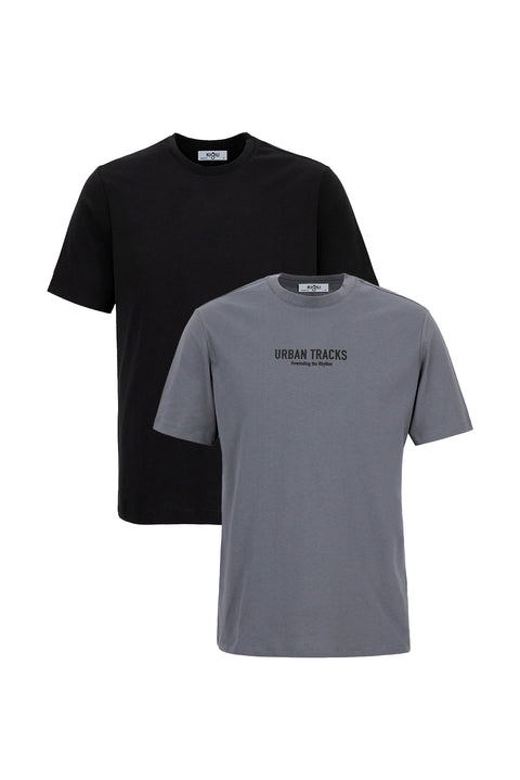 Dark Anthracite-Black Crew Neck Regular Fit 100% Cotton Printed - Plain 2-Pack T-shirt Set