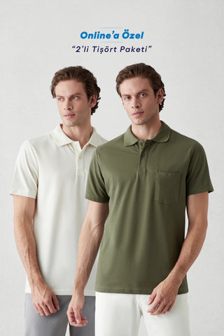  Haki - Ekru Düğmeli Polo Yaka Cepli Regular Fit Pamuklu Düz 2'li Paket Tişört Seti