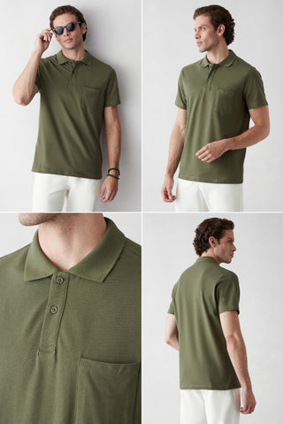  Haki - Ekru Düğmeli Polo Yaka Cepli Regular Fit Pamuklu Düz 2'li Paket Tişört Seti