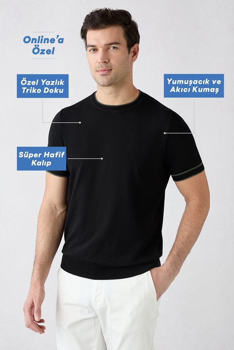 Black Crew Neck Regular Fit Ribbed Knit T-shirt